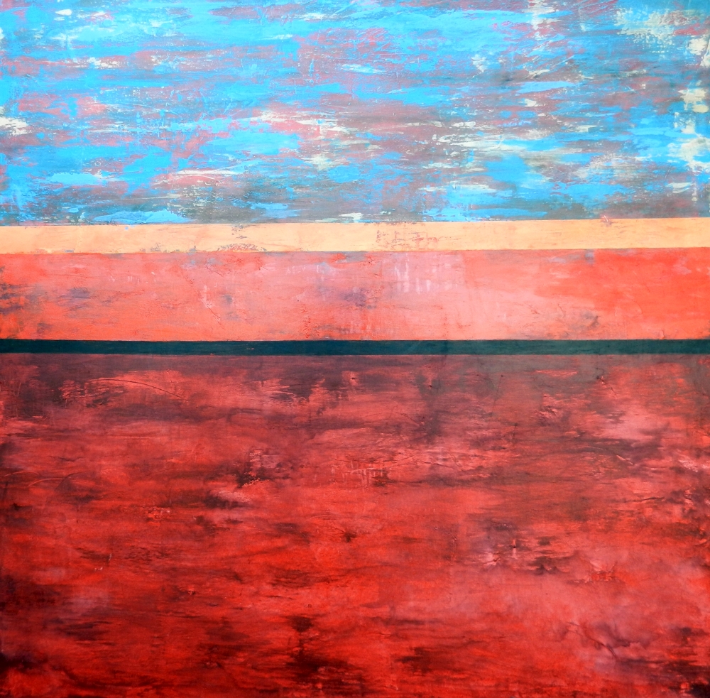 Abstract painting by Judith Dauncey, varied red fields, with pale blue and black segments