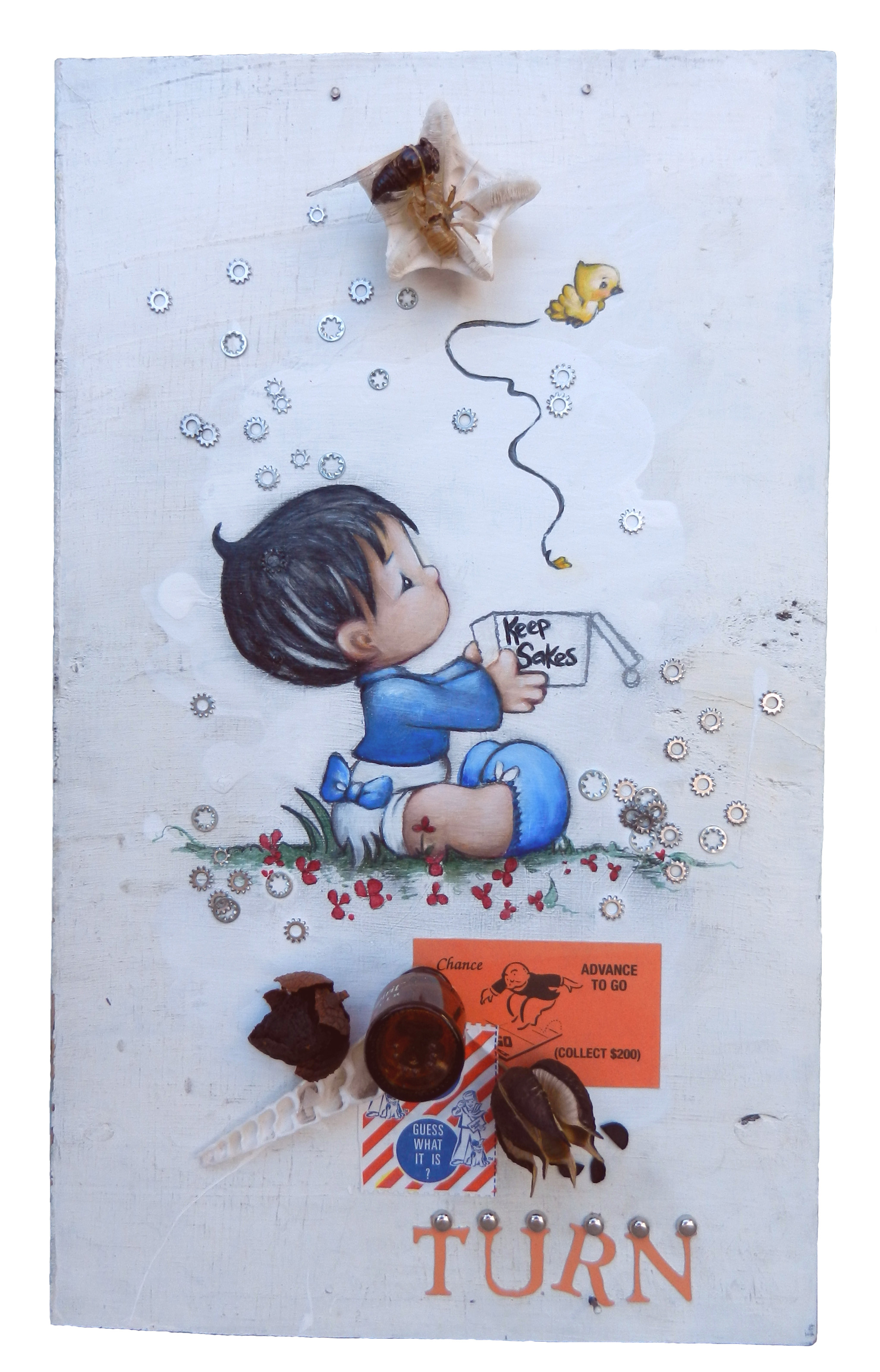 Mixed media artwork by Judith Ann Miller, oil painting of child, sand dollar, cicadas, seeds and small gears