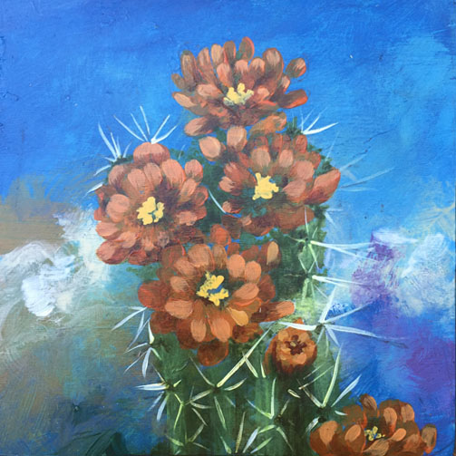 Acrylic art by Judith Dauncey, cactus on abstract blue background