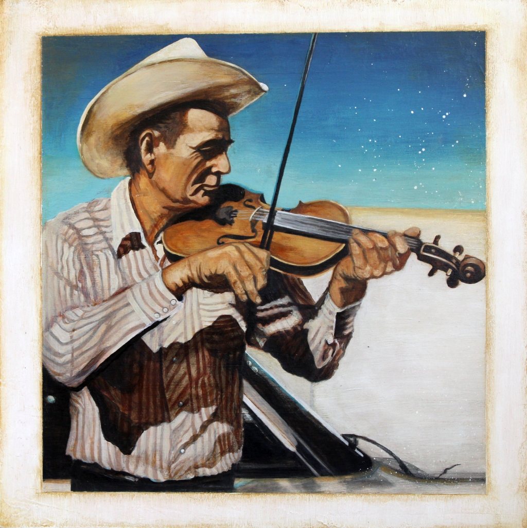 Acrylic artwork by Judith Ann Miller, cowboy playing fiddle