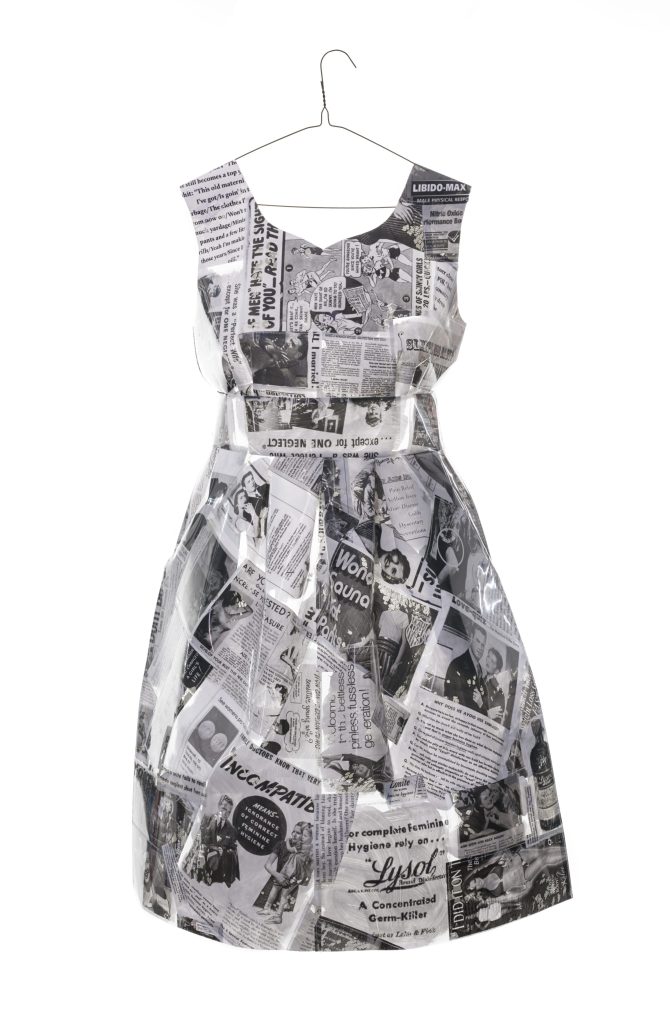 Mixed media artwork by Judith Ann Miller, vintage advertisement sewn on transparency