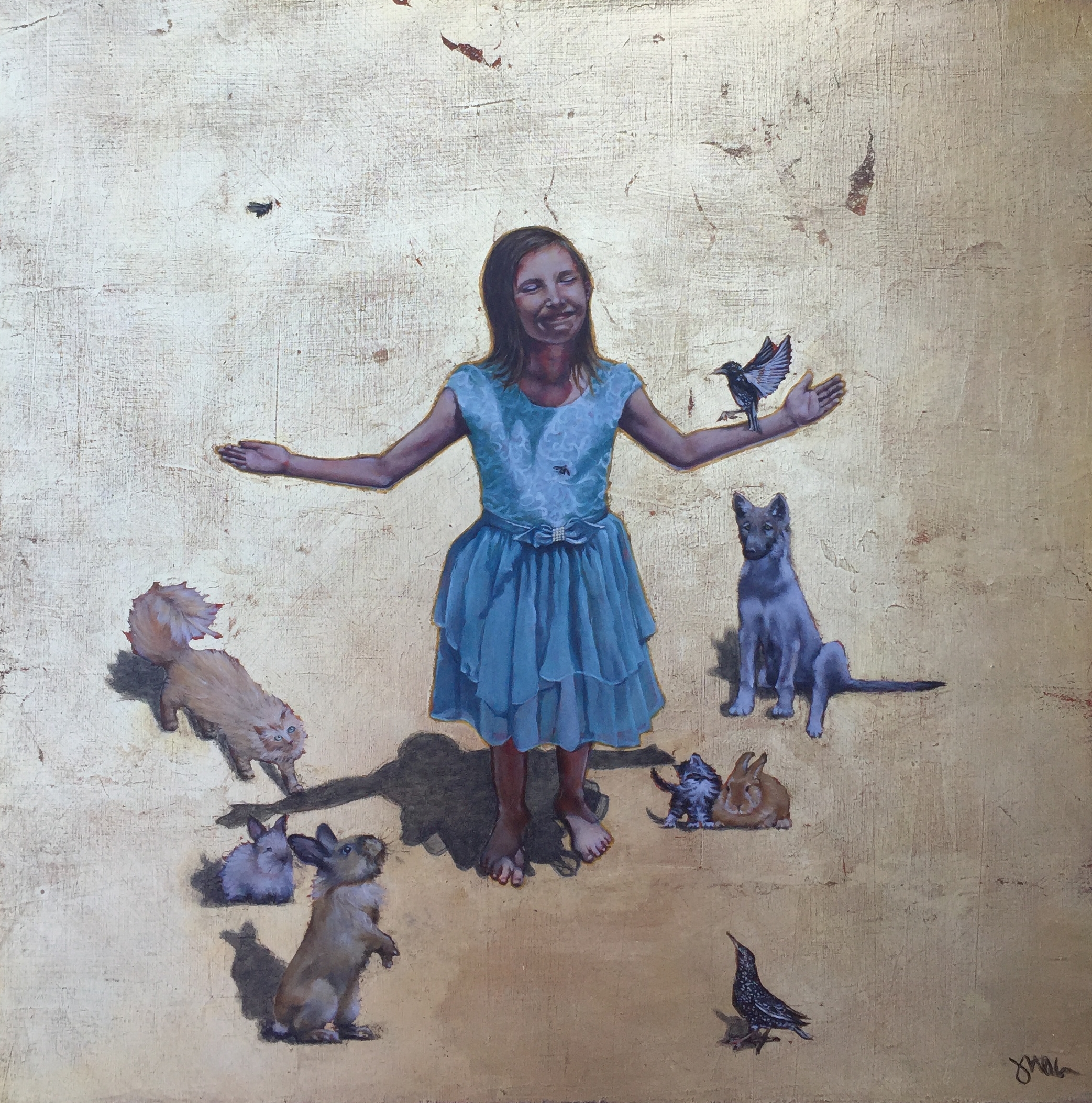 Oil on panel artwork by artist Judith Ann Miller, gold leaf background and young child drawing animals to her