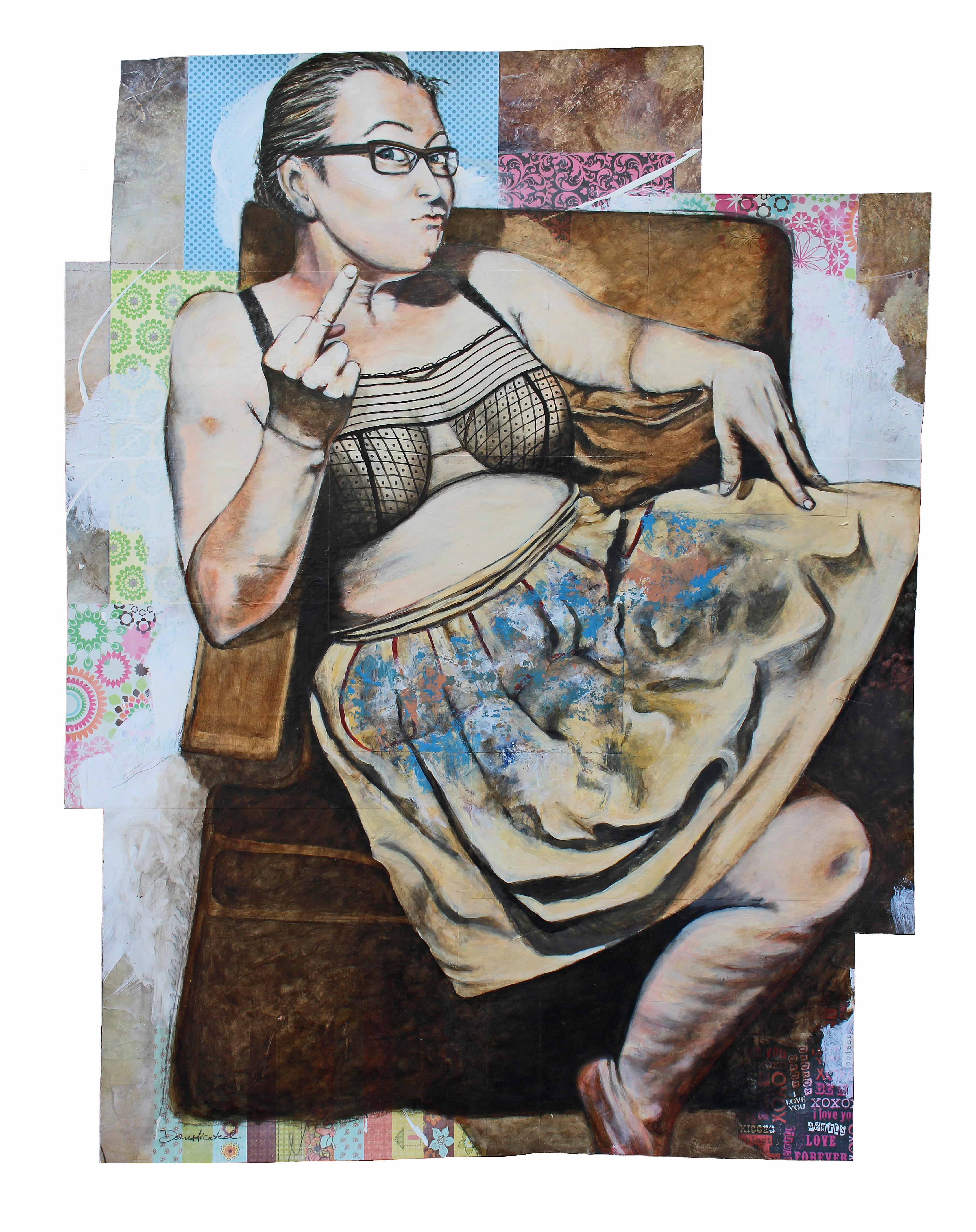 Mixed media artwork by Judith Ann Miller, paper collage background with oil painted figure