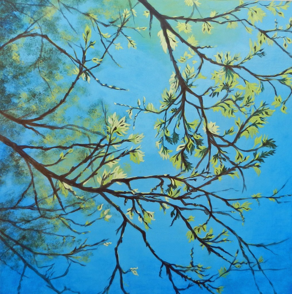 acrylic artwork by Judith Dauncey, blue background with Palo Verde branches