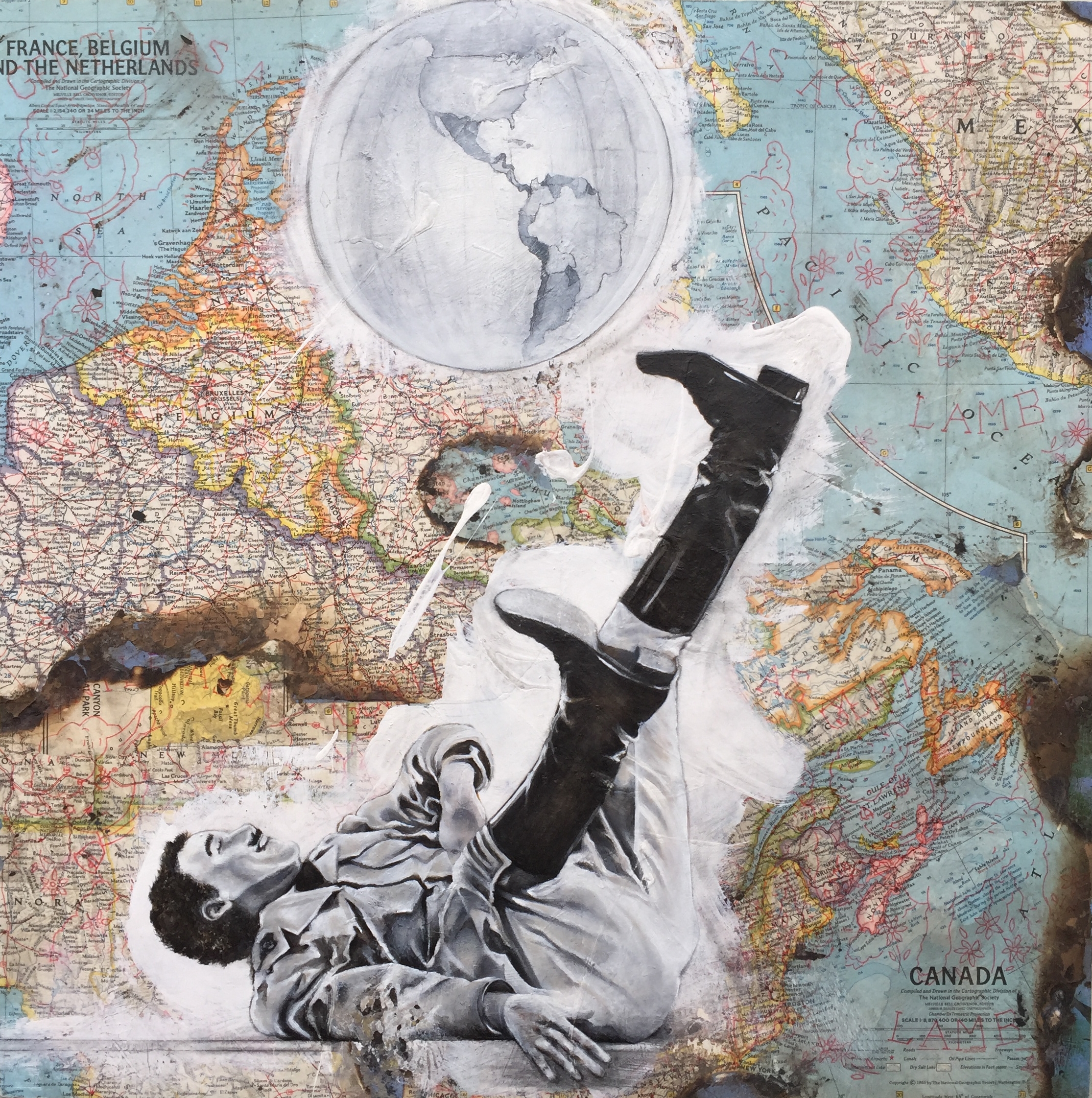 Mixed media artwork by Judith Ann Miller, still image from film The Great Dictator, vintage maps and lamb stencil
