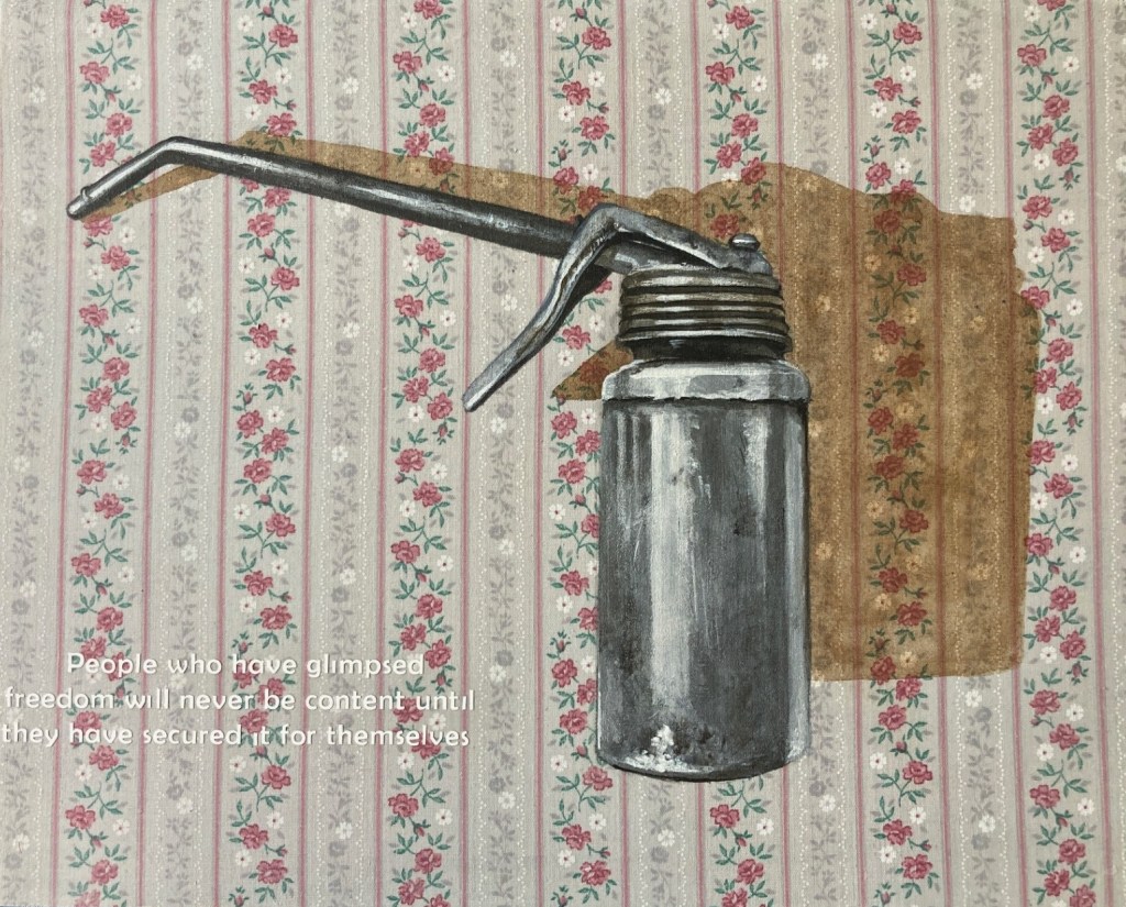 Original artwork by Judith Ann Miller, acrylic on vintage fabric