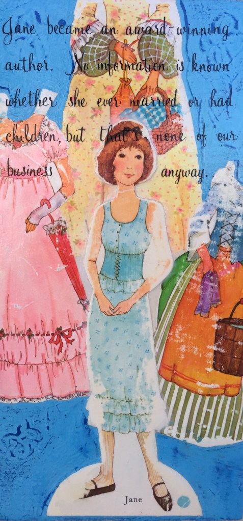 Mixed media artwork by Judith Ann Miller, Letraset, acrylic paint and vintage Gingham paper doll