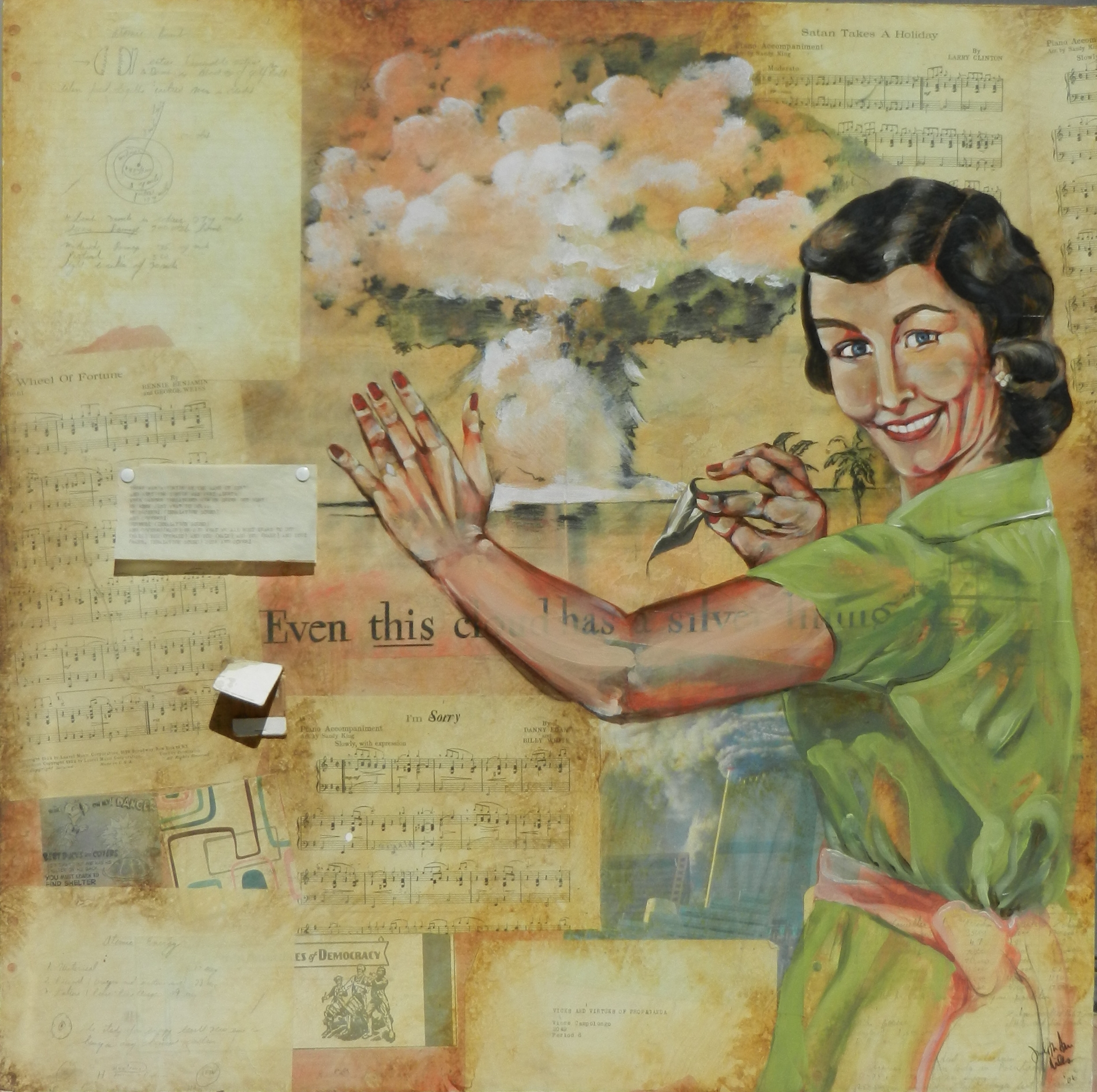 Mixed media artwork by Judith Ann Miller, oil painting on panel with found objects
