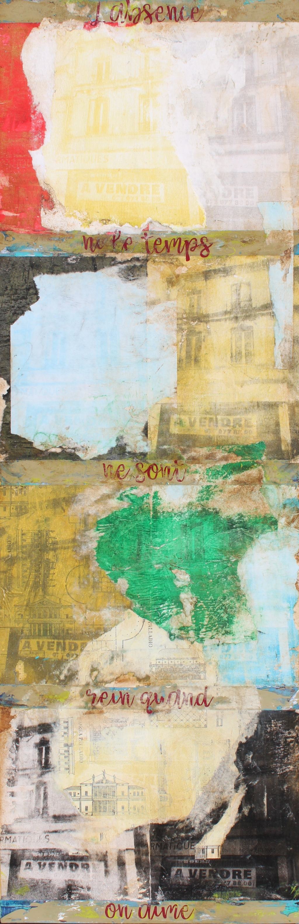 Original artwork by Judith Ann Miller, acrylic on panel with ink prints of French store fronts that say for sale.