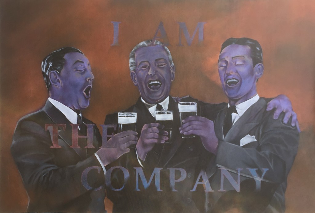 Original artwork by Judith Ann Miller, three business men toasting each other with Guinness, on orange background