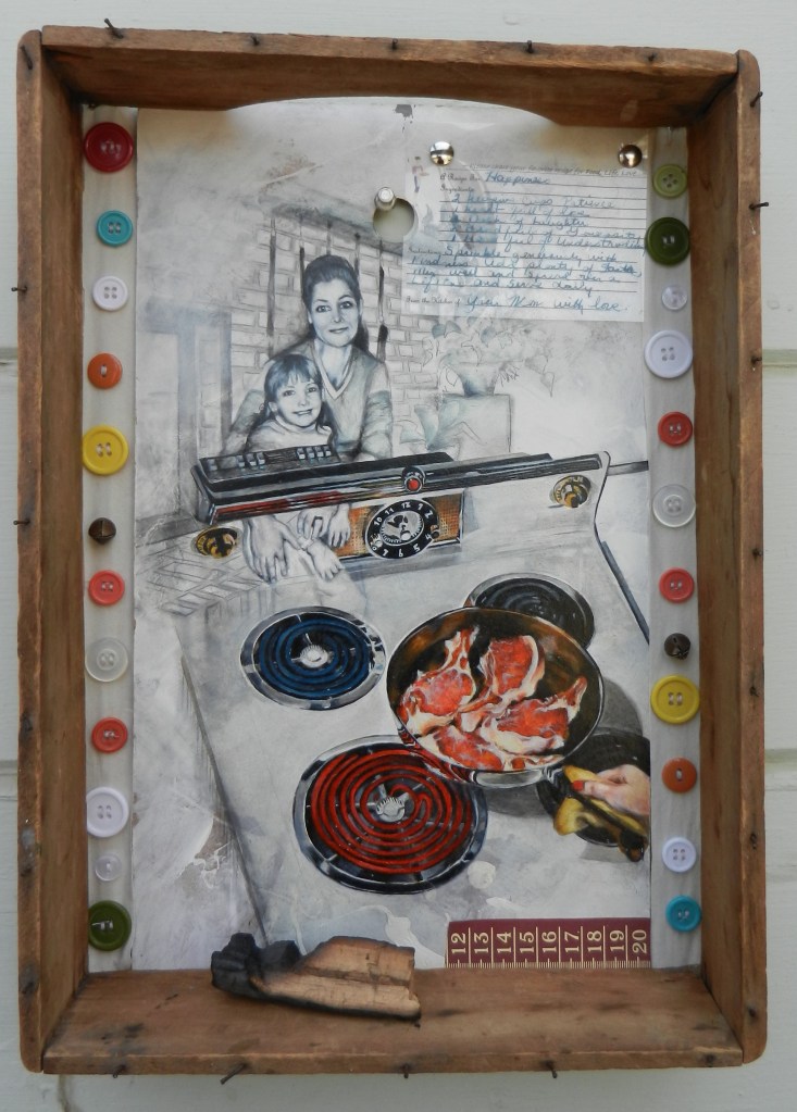 Mixed media art by Judith Ann Miller, with oil on panel of vintage advertising, buttons and burned wood