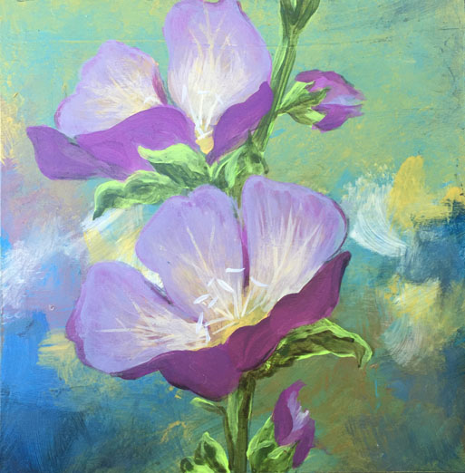 Acrylic artwork by Judith Dauncey, Mexican primrose on abstract background