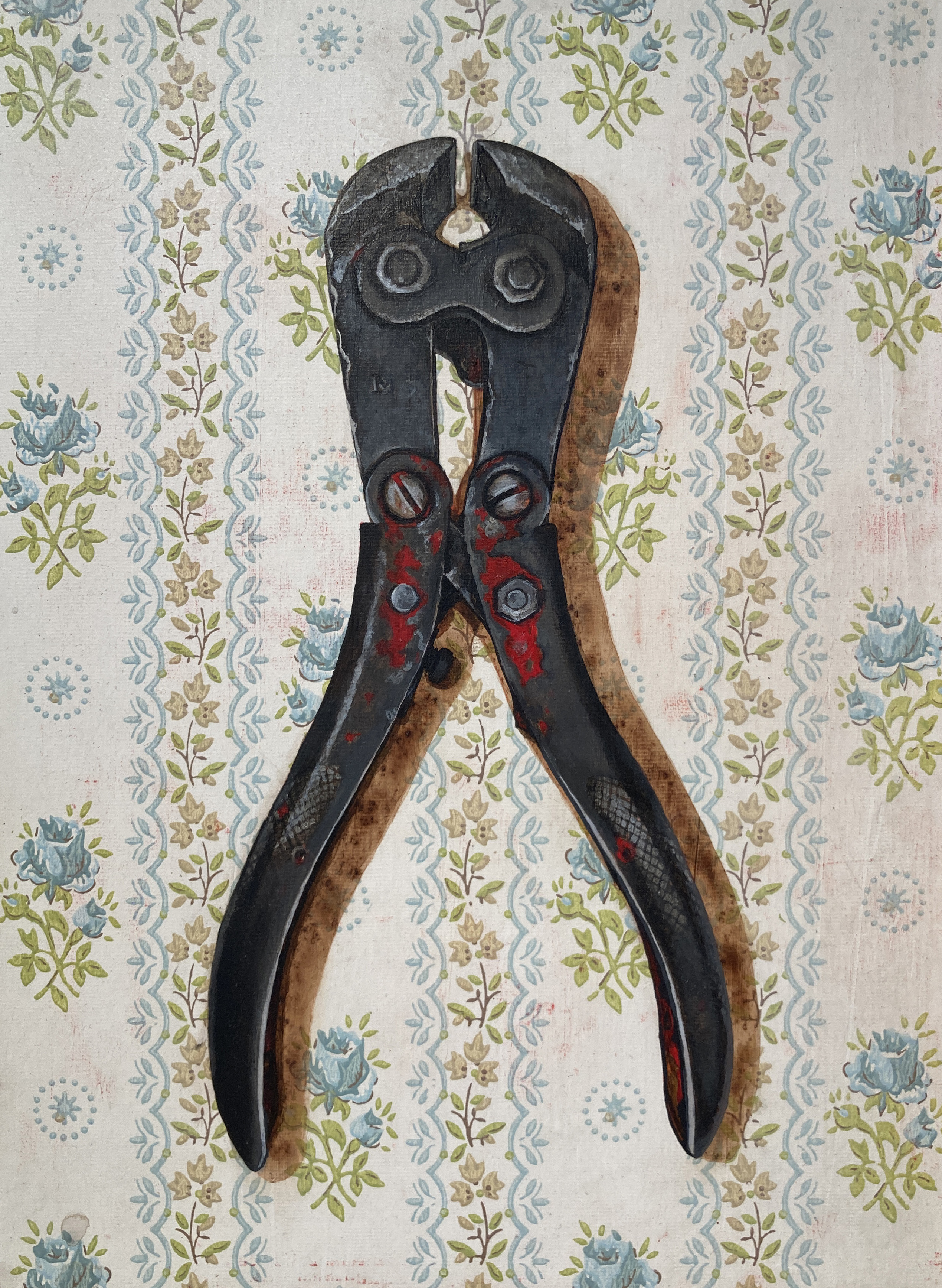 Original artwork by Judith Ann Miller, acrylic artwork features metal nippers and vintage wall paper