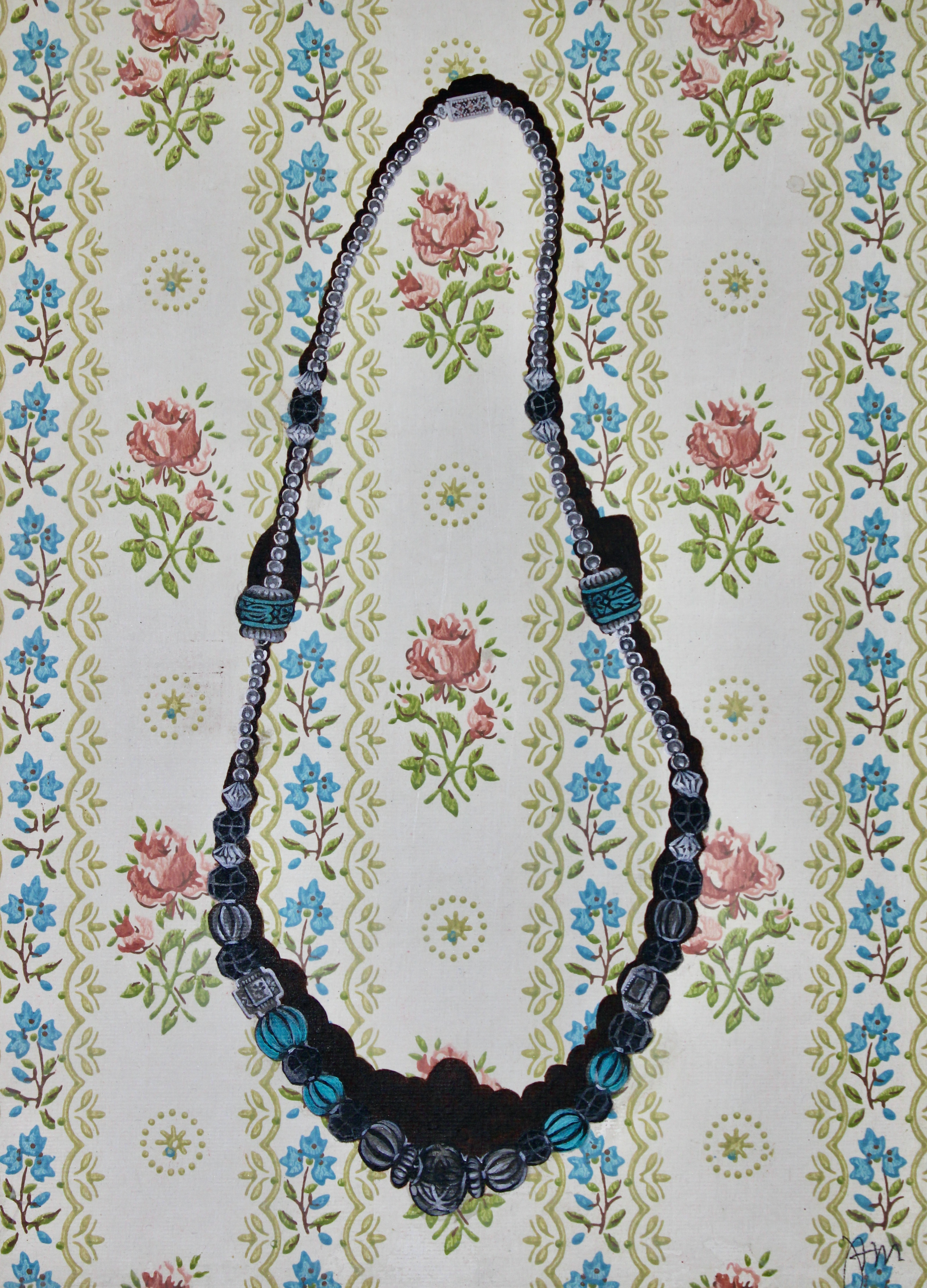 Original artwork by Judith Ann Miller, acrylic on panel with wall paper from childhood home