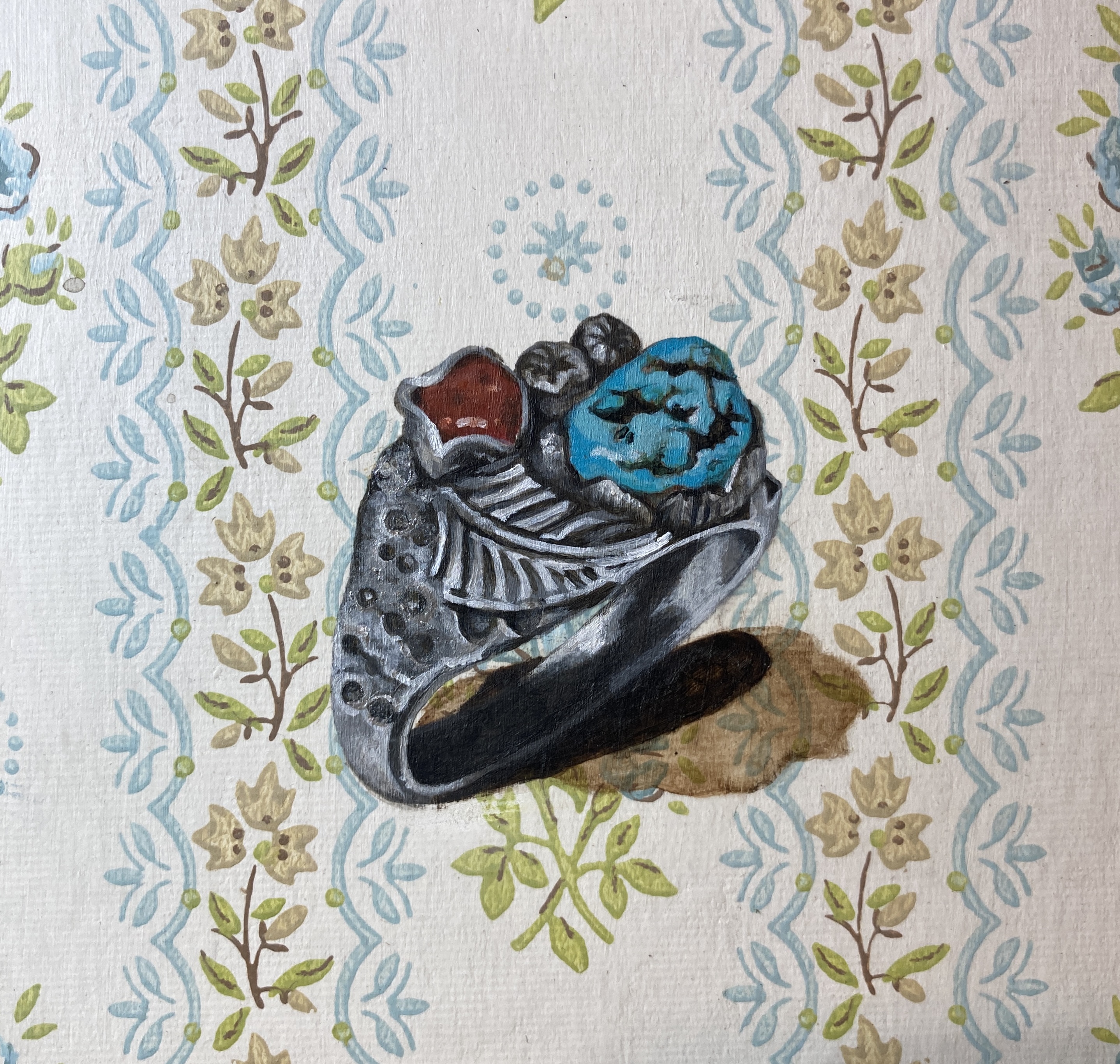 Original artwork by Judith Ann Miller, acrylic on panel, vintage AZ ring with wall paper from childhood home