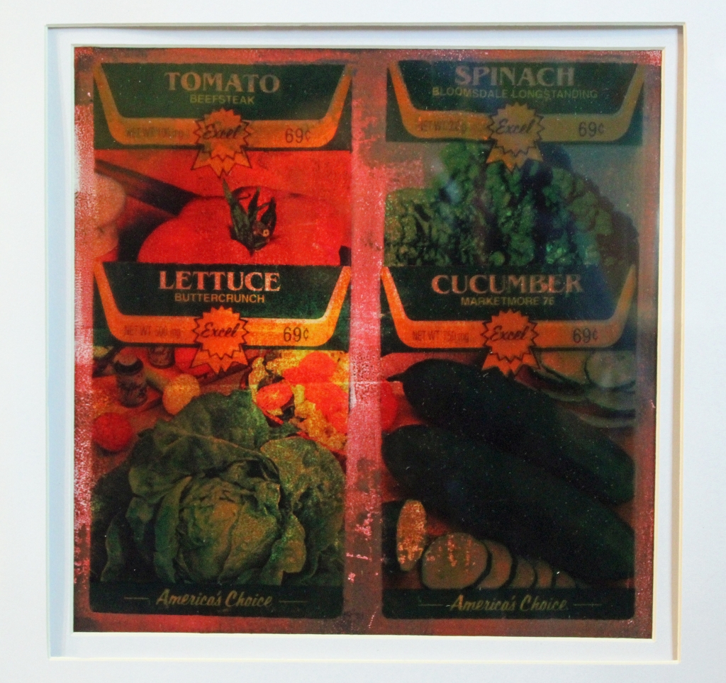 Mixed media art by Judith Ann Miller, vintage seed packets transparency with ink print background