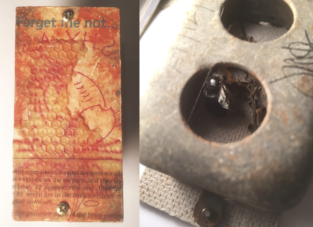 Original artwork by Judith Ann Miller, featuring acrylic paint, beeswax, letraset and a vintage iron-on