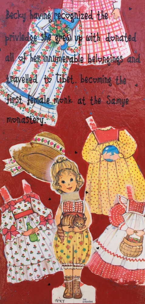 Mixed media artwork by Judith Ann Miller, Letraset, acrylic paint and vintage Gingham paper doll