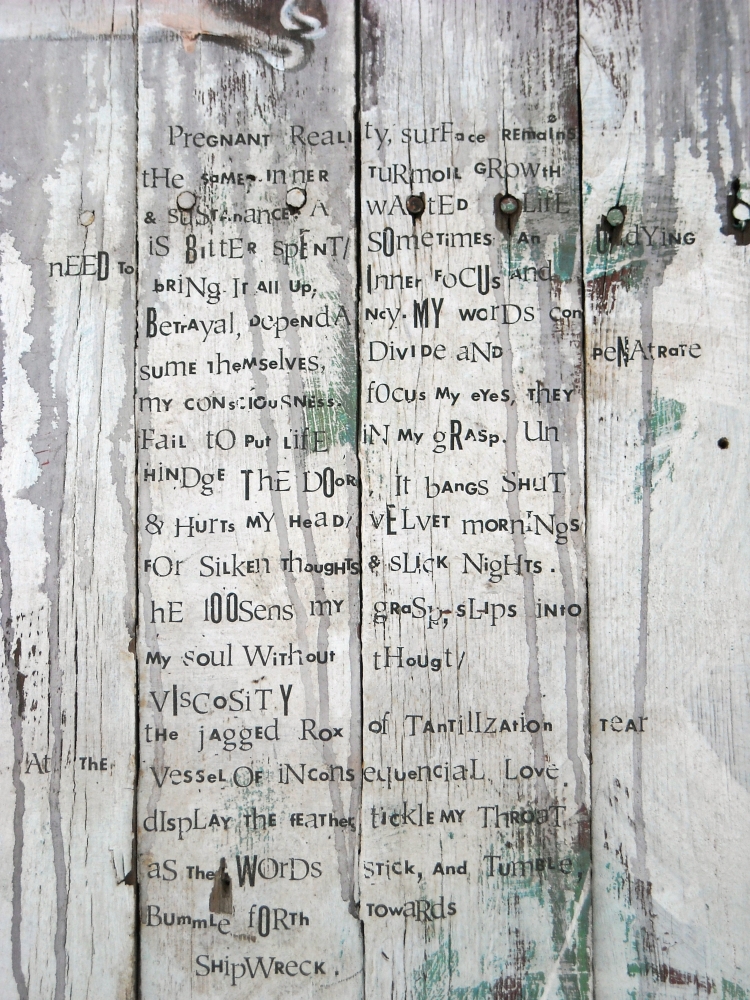 Detail of original artwork by Judith Ann Miller, letraset and acrylic on found objects