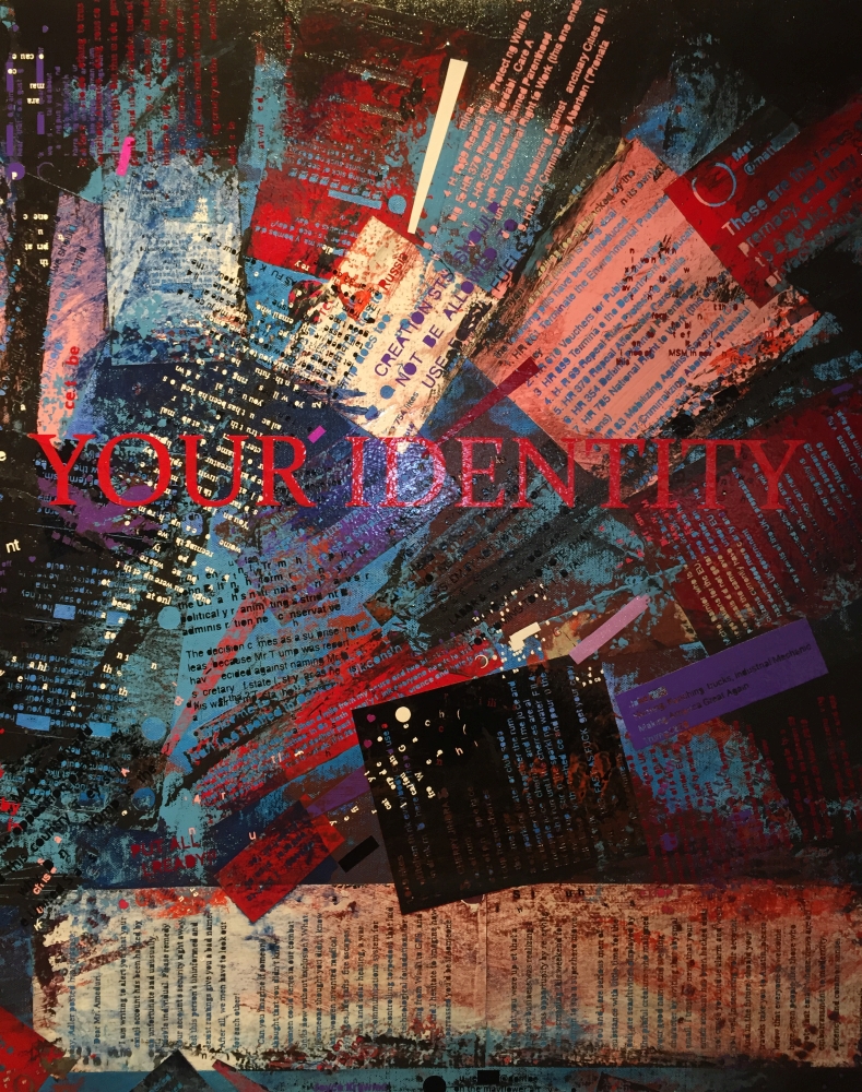 Detail of Original artwork by Judith Ann Miller, acrylic background with multiple layers of vinyl writing from social media screen captures