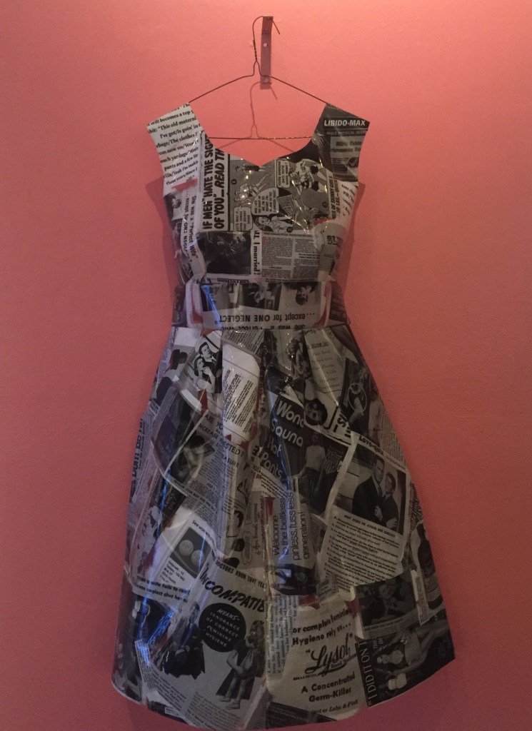 Mixed media artwork by Judith Ann Miller, vintage advertisement sewn on transparency