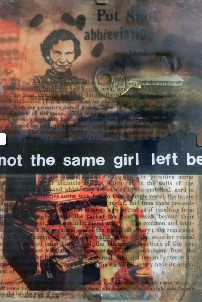 Original mixed media artwork by Judith Ann Miller, transparency, acrylic, seeds, paper collage and Letraset