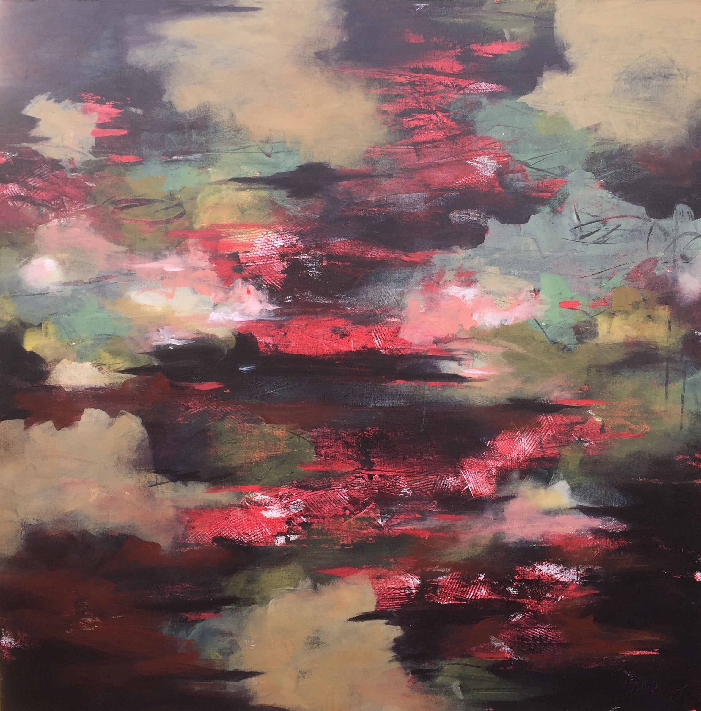 Acrylic abstract by Judith Dauncey, movement in tones of red, green, tans and black