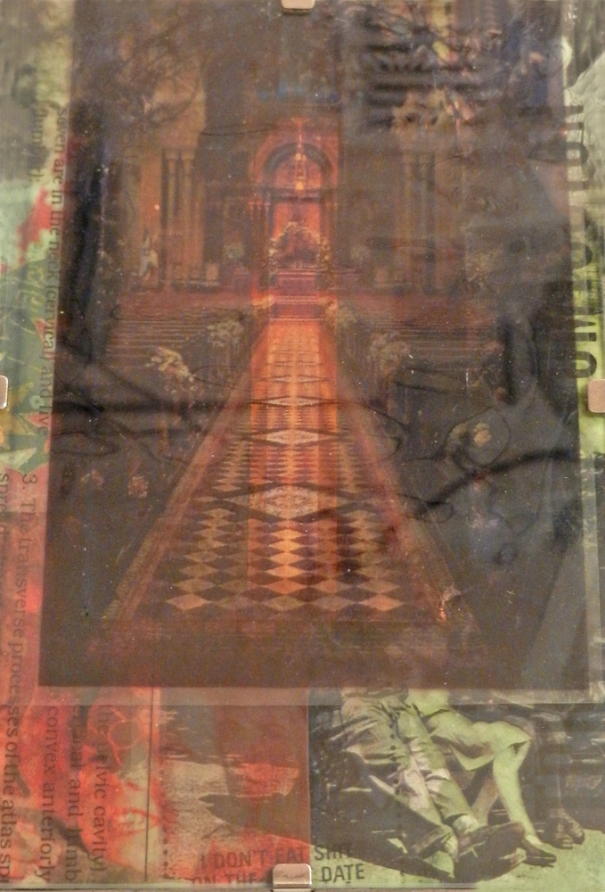 Original mixed media artwork by Judith Ann Miller, transparency, acrylic, seeds, paper collage and Letraset