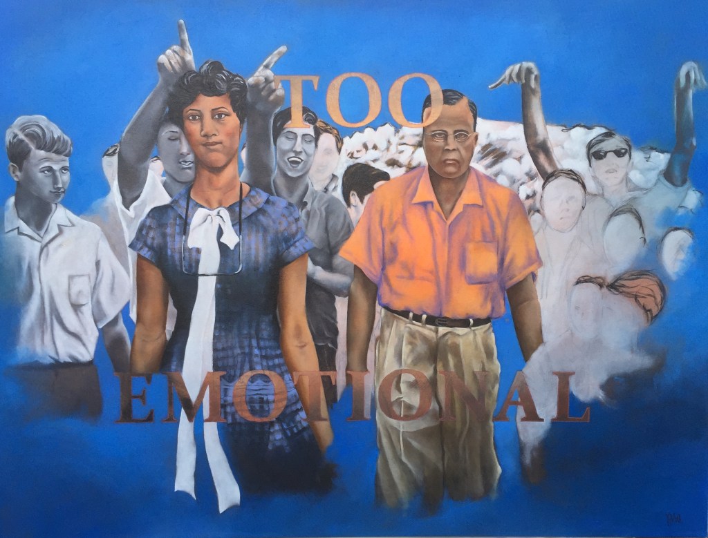 Oil on canvas artwork by Judith Ann Miller, featuring famous photograph of Dorothy Counts and faceless white mob on a blue background with the words too emotional