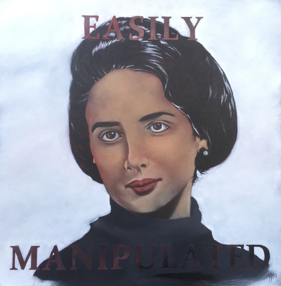 Original oil on canvas artwork by Judith Ann Miller, featuring portrait of Franca Viola on pure white background and the words easily manipulated
