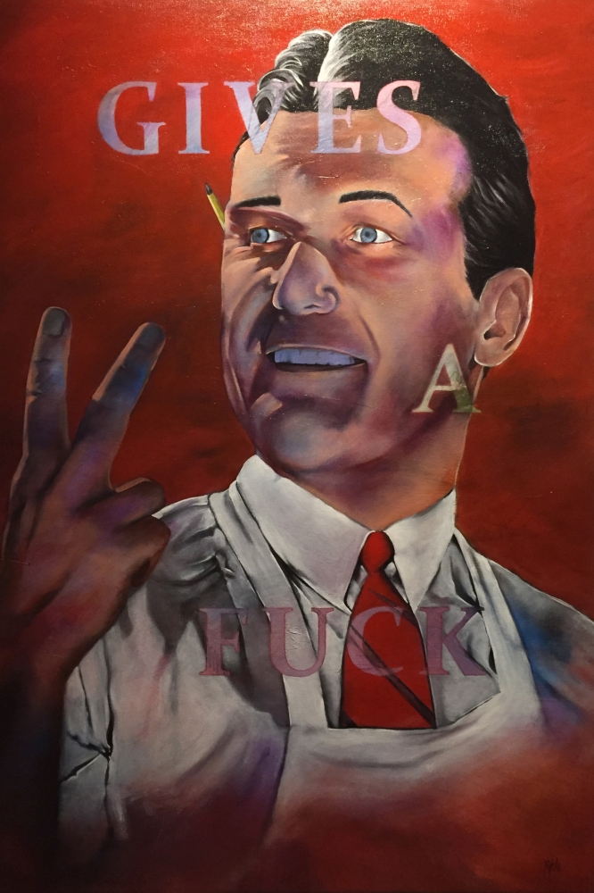 Original oil on canvas artwork by Judith Ann Miller, consisting of vintage image of butcher with words, part of Velvet Hammer Exhibition