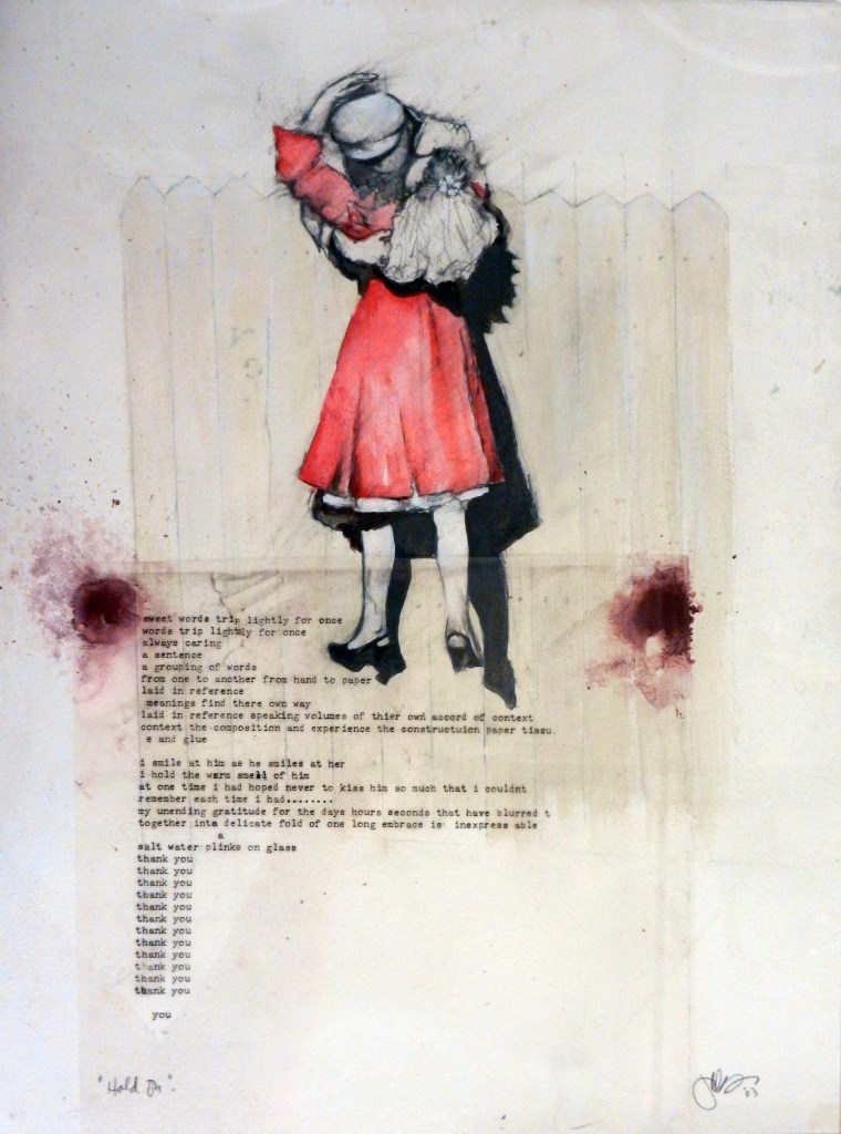 Original mixed media art by Judith Ann Miller, features couple dangling over a white picket fence and typed works on transparency