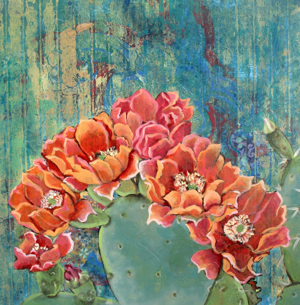 Acrylic artwork on panel by artist Judith Dauncey, phase one of a prickly pear cactus blooming, abstract background.