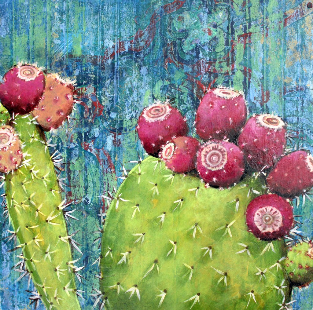 Acrylic artwork on panel by artist Judith Dauncey, phase three of a prickly pear cactus blooming, with ripe tunas, abstract background.