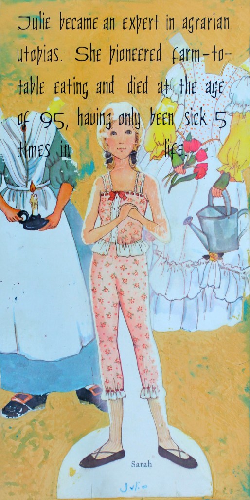 Mixed media artwork by Judith Ann Miller, Letraset, acrylic paint and vintage Gingham paper doll