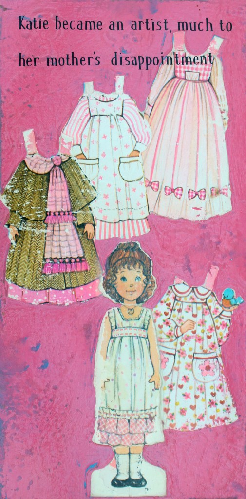 Mixed media artwork by Judith Ann Miller, Letraset, acrylic paint and vintage Gingham paper doll