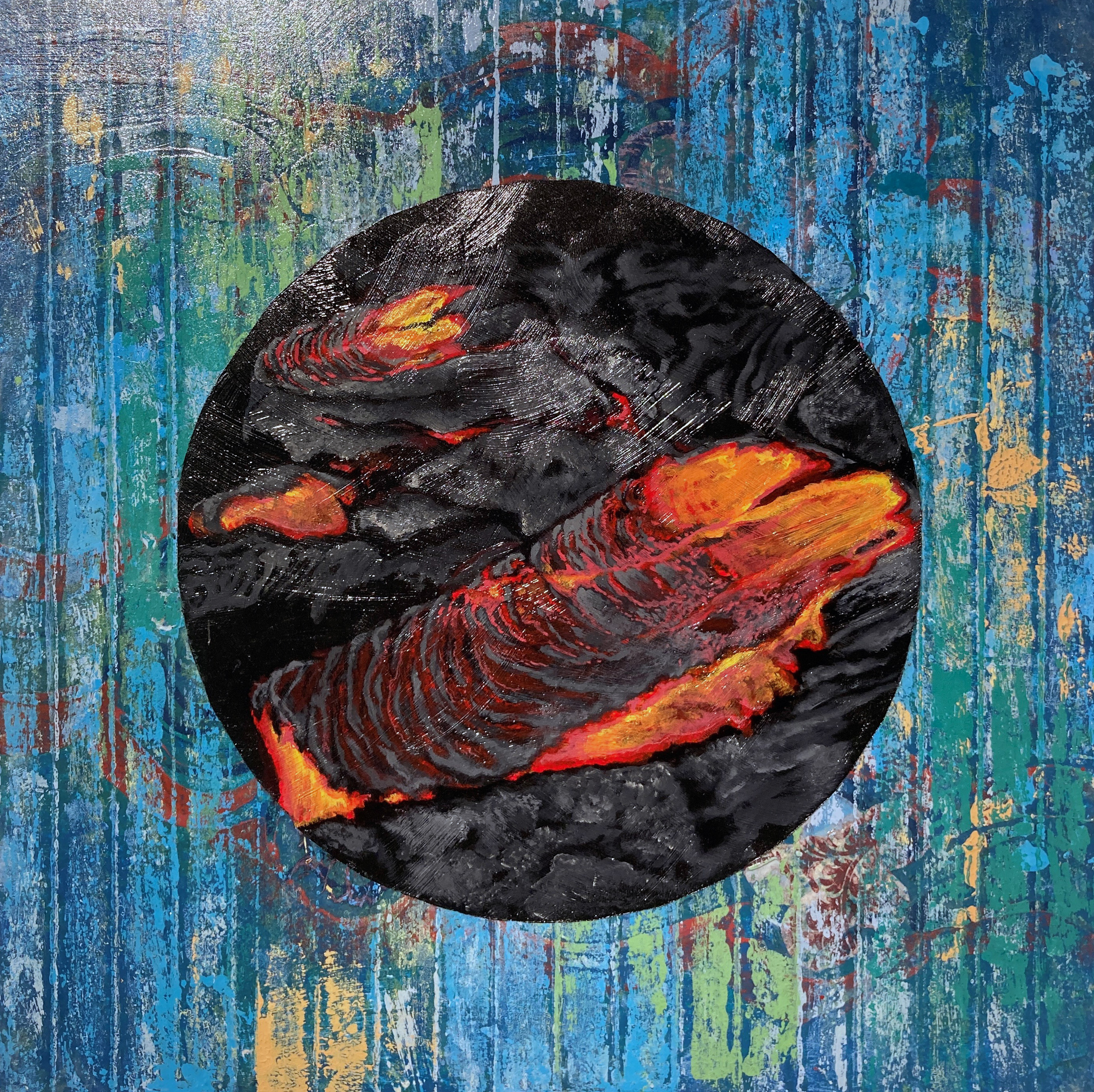 Acrylic abstract on panel by artist Judith Dauncey, textured multi-coloured background with window and lava details