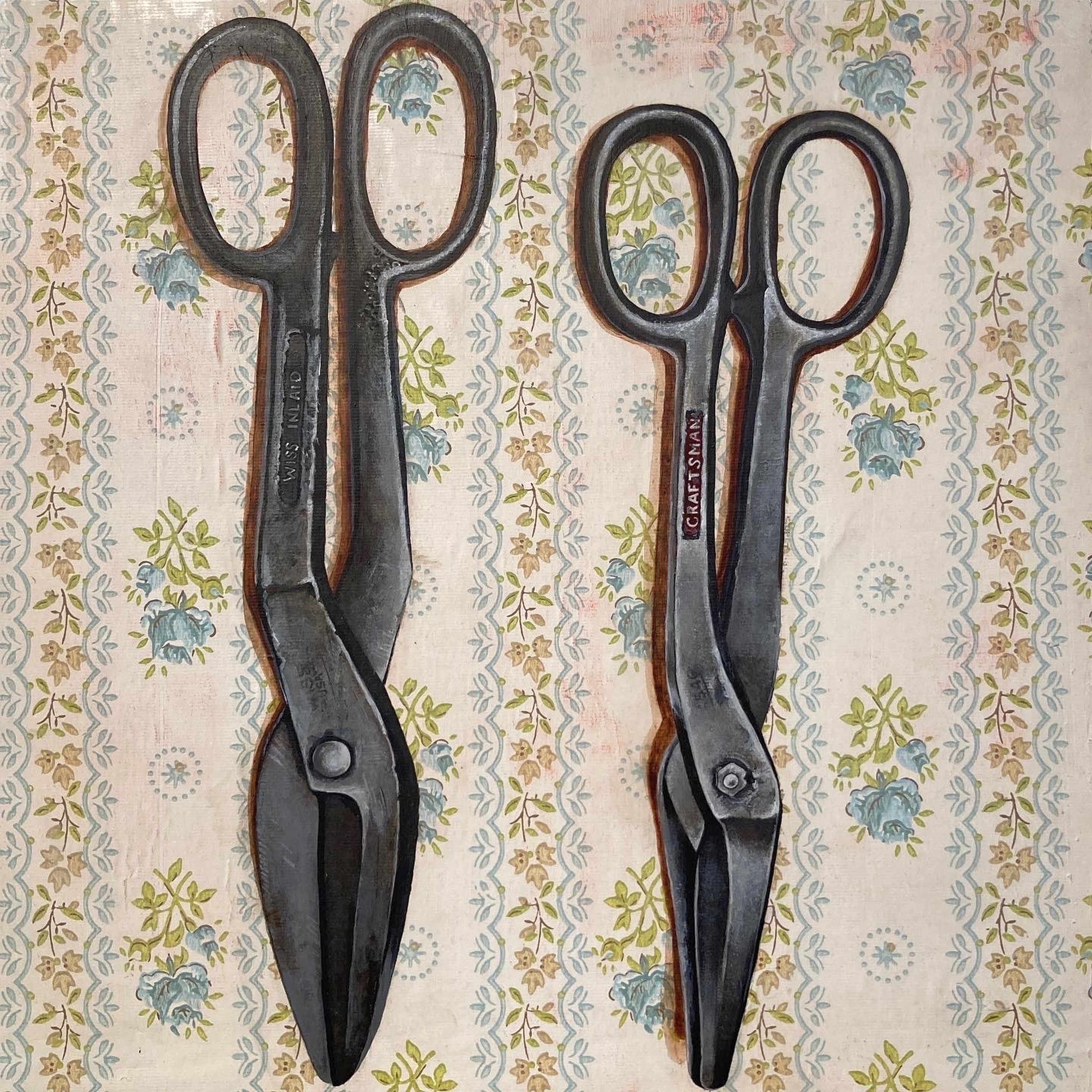 Original artwork by artist Judith Ann Miller, featuring sheet metal shears and vintage wallpaper from childhood home
