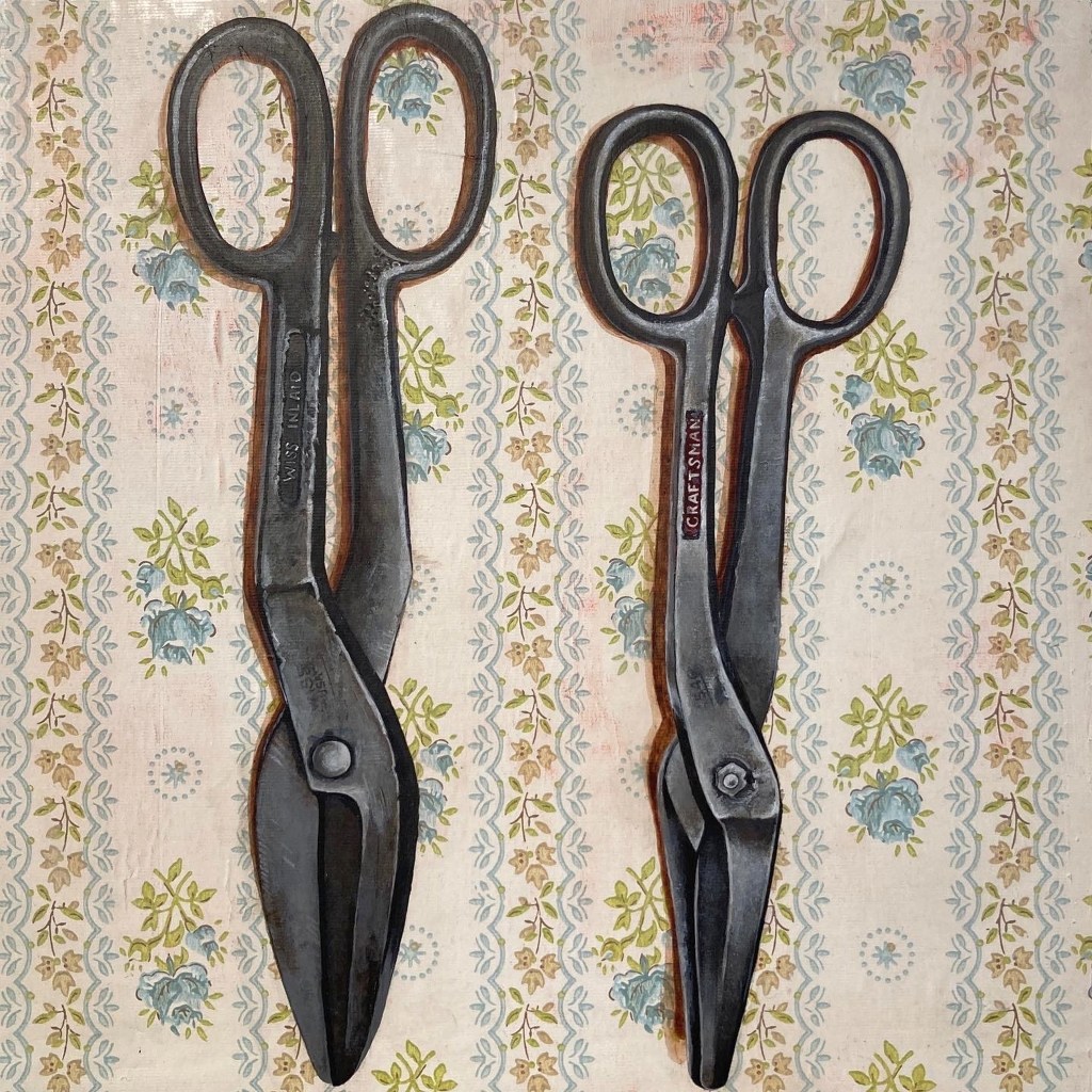 Original artwork by artist Judith Ann Miller, featuring sheet metal shears and vintage wallpaper from childhood home