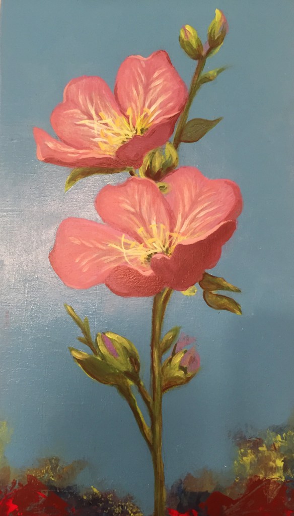 Original artwork by Judith Dauncey, acrylic abstract background with Mexican Primrose wildflower