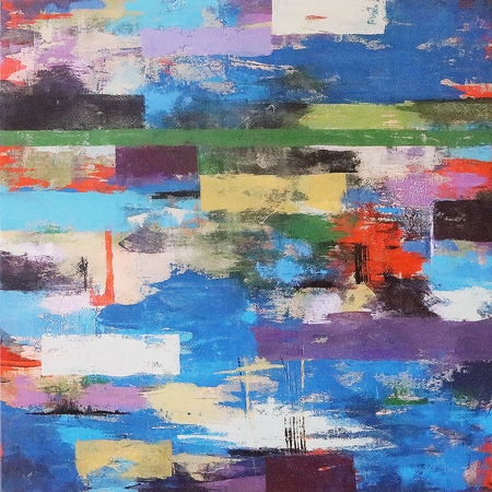 Vivid acrylic abstract on canvas by artist Judith Dauncey, shades of purple, blue, neutrals, red and a celedon band