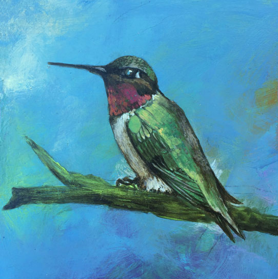 Original artwork by Judith Dauncey, acrylic abstract background with hummingbird