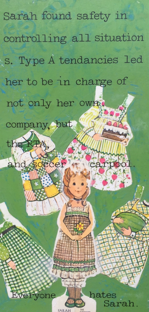 Mixed media artwork by Judith Ann Miller, Letraset, acrylic paint and vintage Gingham paper doll