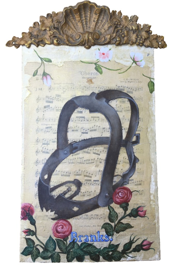 Original mixed media artwork by Judith Ann Miller, featuring sheet music, Baroque shell holding, and a Scold's Bridle. Features Botticelli motifs