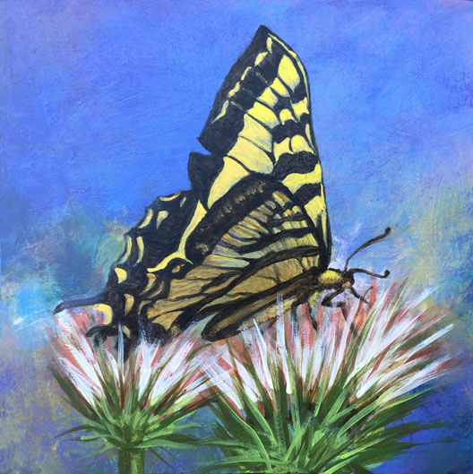 Original artwork by Judith Dauncey, acrylic abstract background with Thistle flower and Swallowtail Butterfly