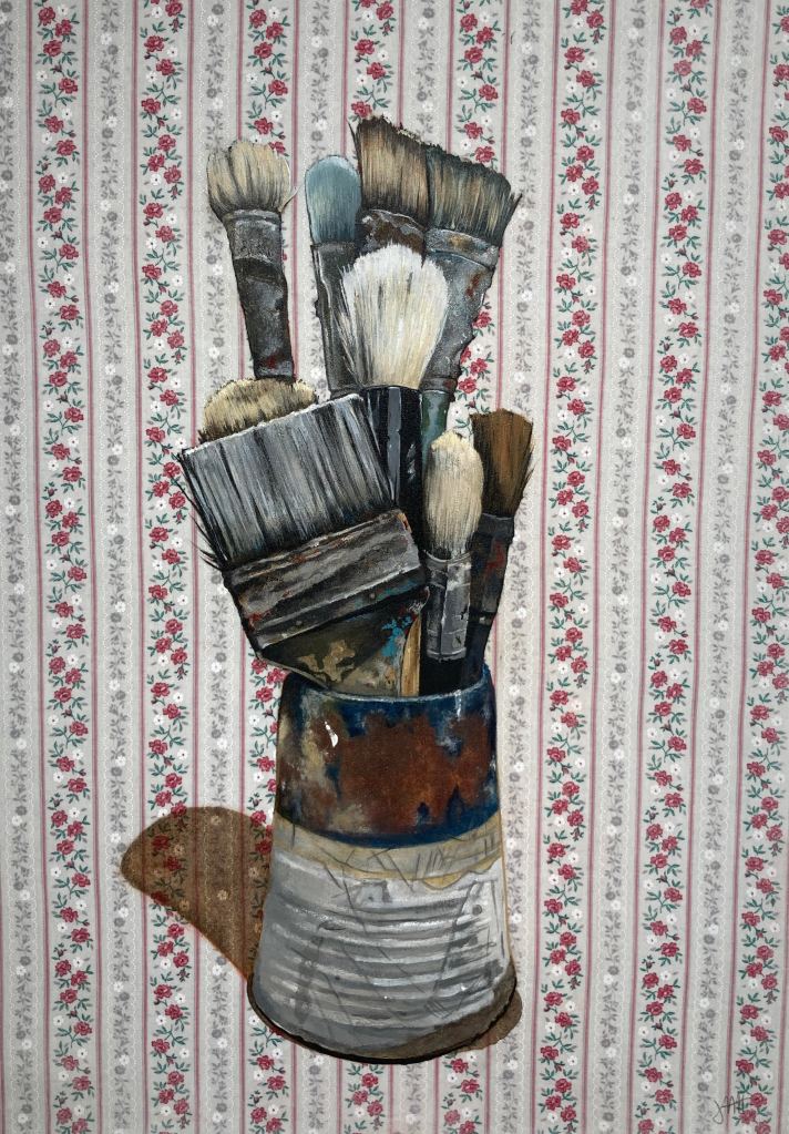 Original artwork by Judith Ann Miller, acrylic on vintage fabric