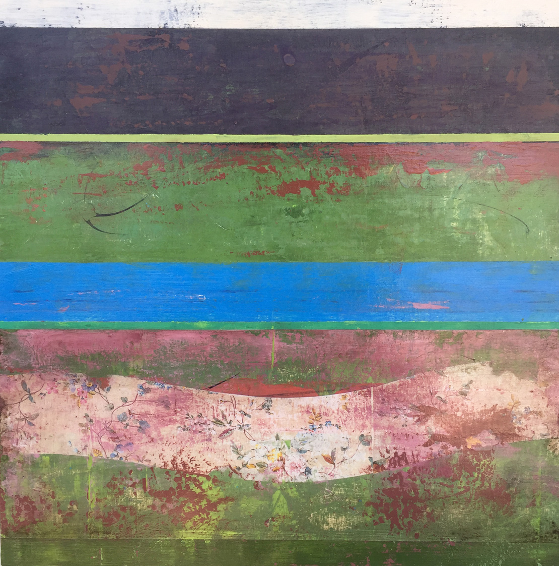 Colourful banded abstract by artist Judith Dauncey, with plum, pink, blue and green tones